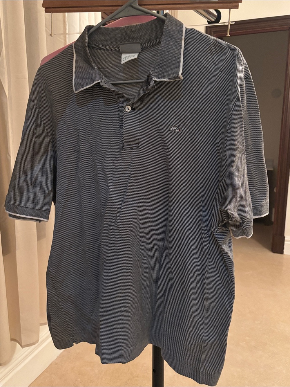 AUTHENTIC Sz 7 Lacoste Men’s Charcoal Polo with White Contrast Trim 100% Cotton